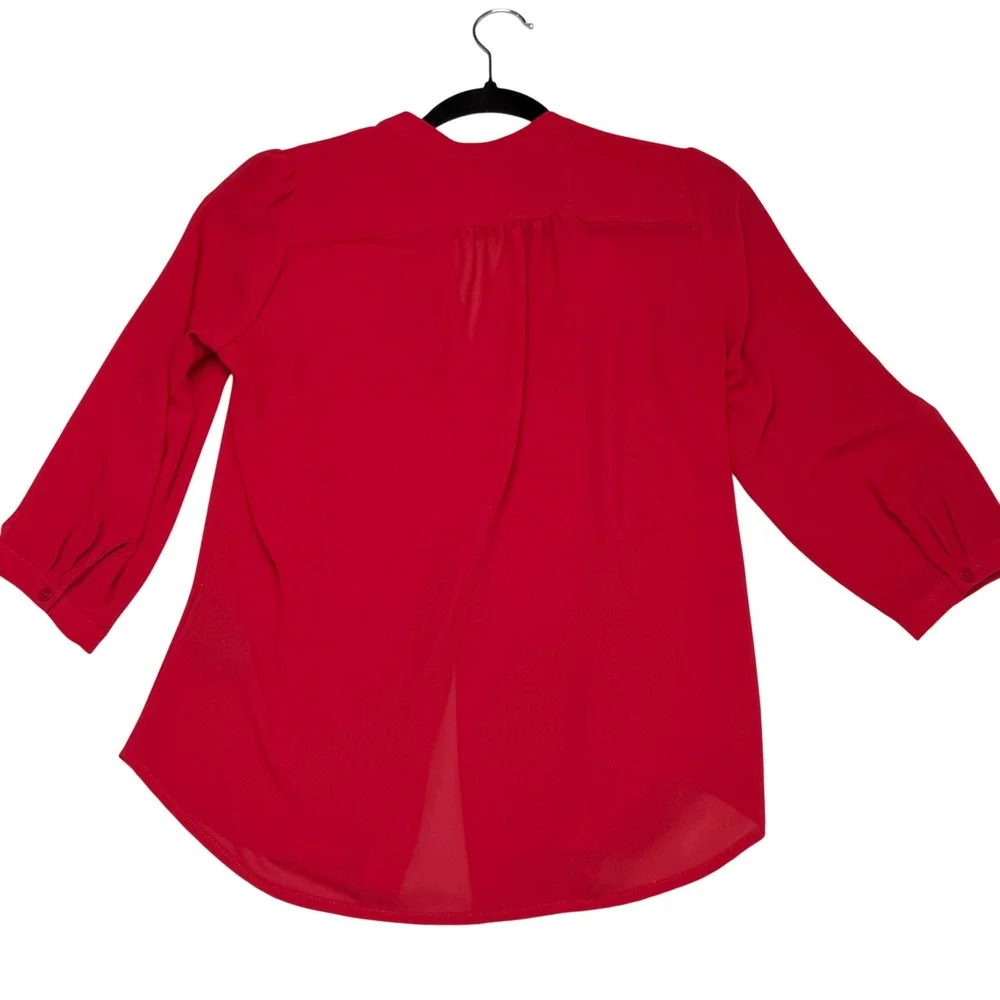 H&M Blouse Womens Sz 4  Red Pintuck‎ Pleated 3/4 Sleeve Top Office Siren Office - Picture 2 of 12